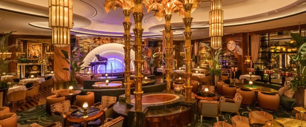 Delilah supper club at Wynn Las Vegas with gold columns, a natural setting for an Old Las Vegas Glamour corporate theme