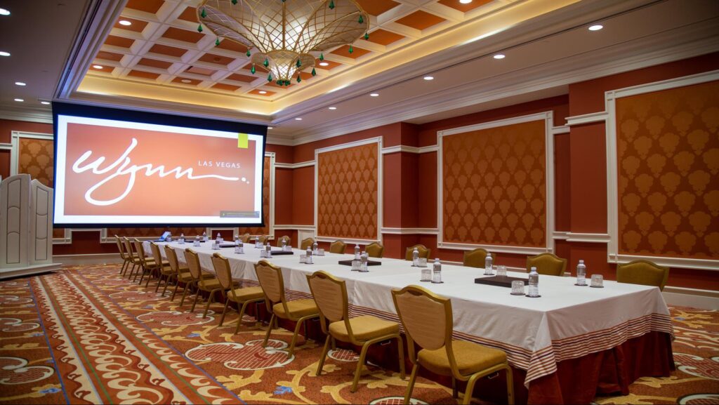 Las Vegas corporate meeting venue at Wynn Las Vegas featuring U-shaped conference table setup, presentation screen, and executive meeting amenities.