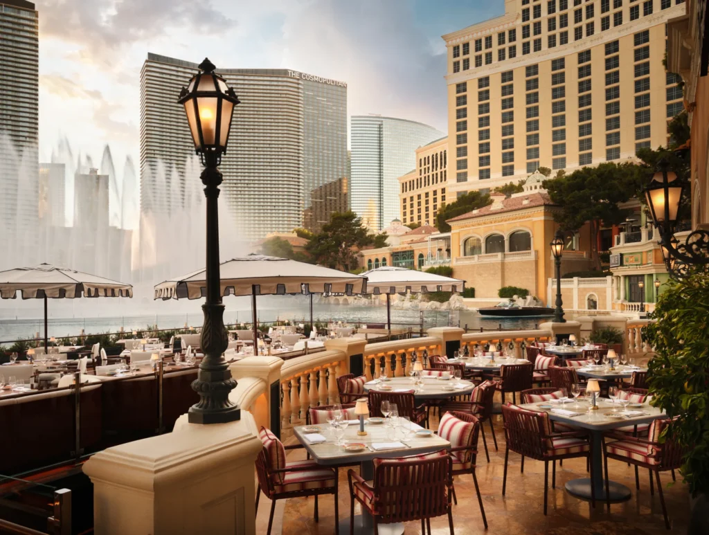 Carbone Riviera terrace overlooking the Bellagio fountains in Las Vegas
