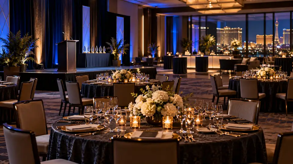 Ballroom set for a corporate sales kickoff awards dinner with stage, trophies and Las Vegas skyline views