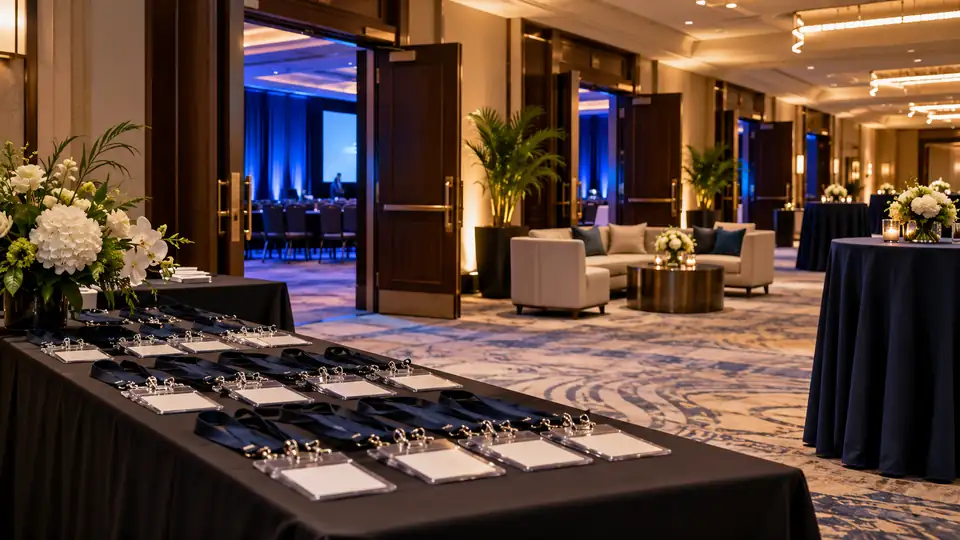 Registration table with lanyards and badges outside a Las Vegas sales kickoff general session